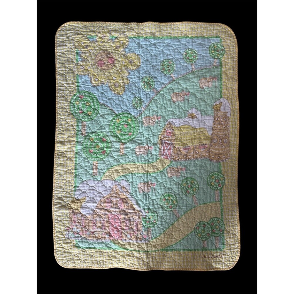 That's Our Baby Vintage Blanket 80s Farm Sheep Sun Trees Yellow Quilted Vintage